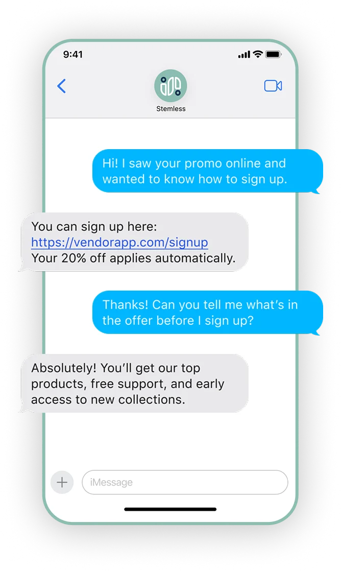 Example SMS conversation between a visitor and Stemless